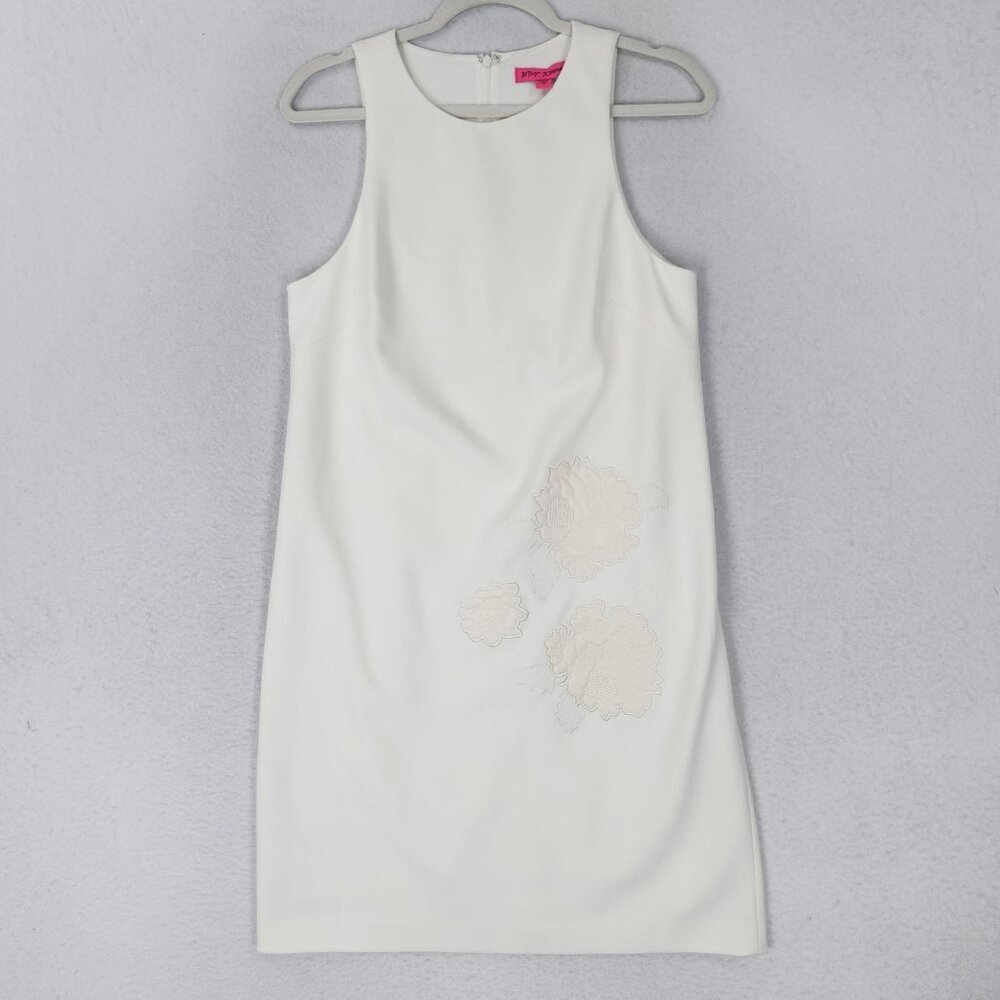 Betsey Johnson Dress Womens 10 White Sleeveless Sheath Floral Applique Cocktail